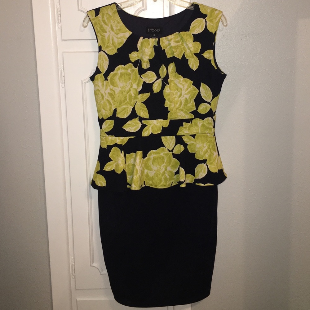 Green and Navy Blue Floral Peplum Dress